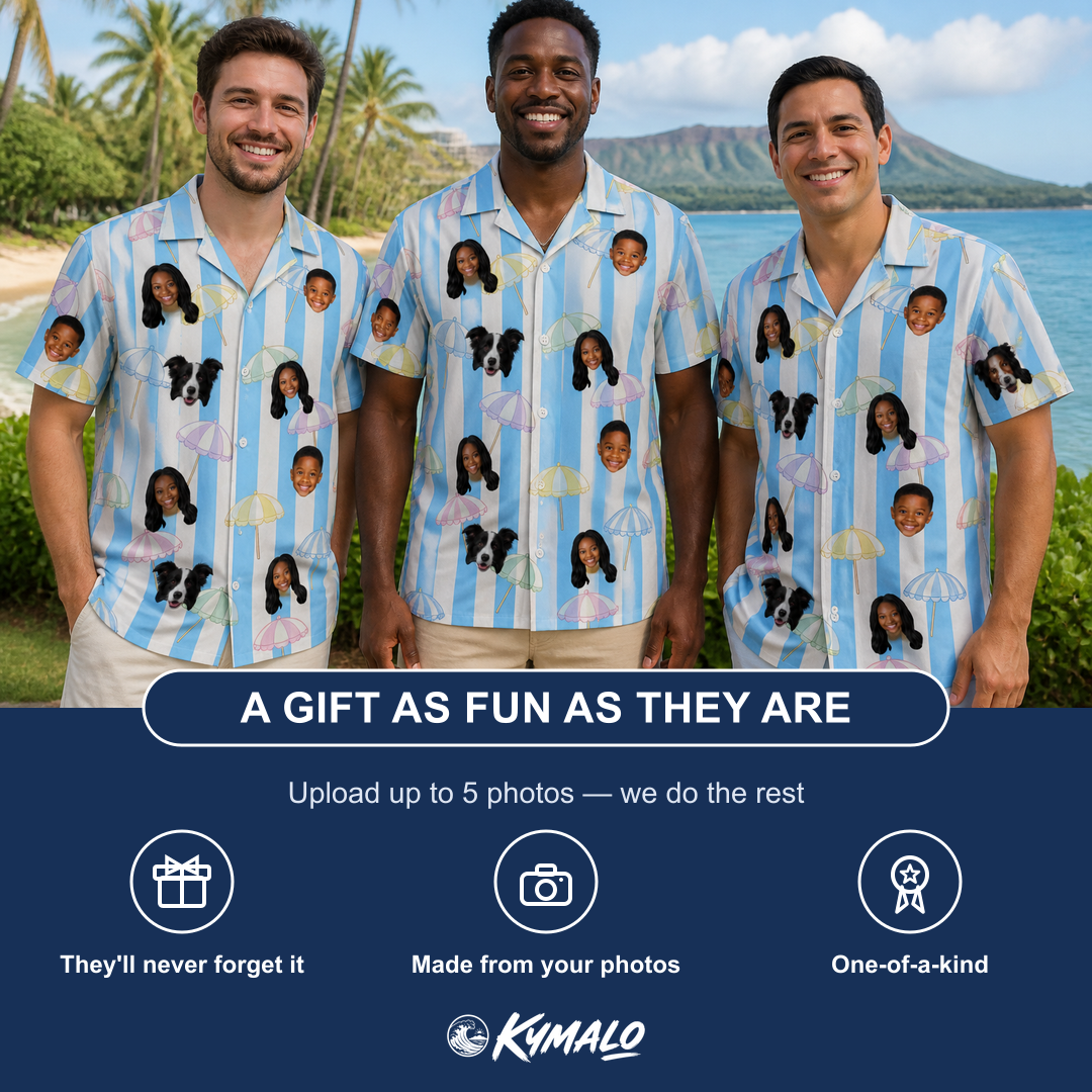 Friends in matching Men's Awning Outing Custom Face Hawaiian Shirt — a group gift photo