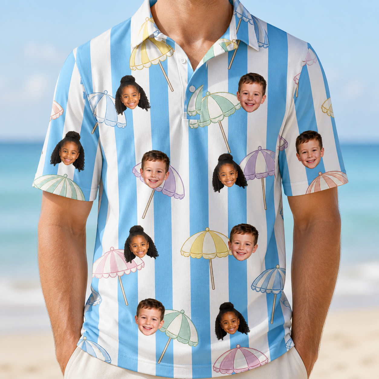 Model wearing Men's Awning Outing Custom Face Polo Shirt printed with kids' faces