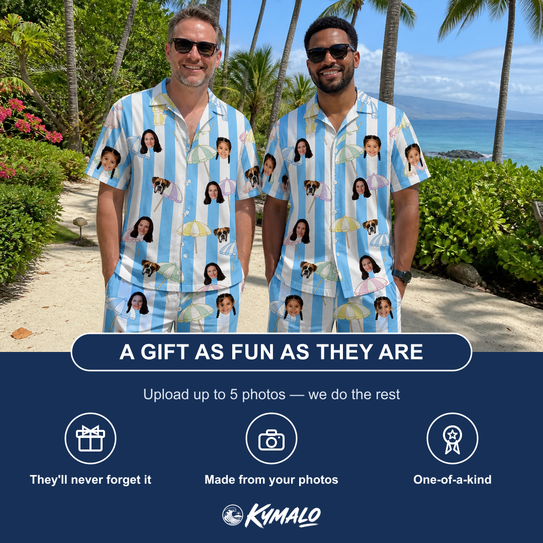 Friends in matching Men's Awning Outing Custom Face Shirt & Shorts Set — a group gift photo