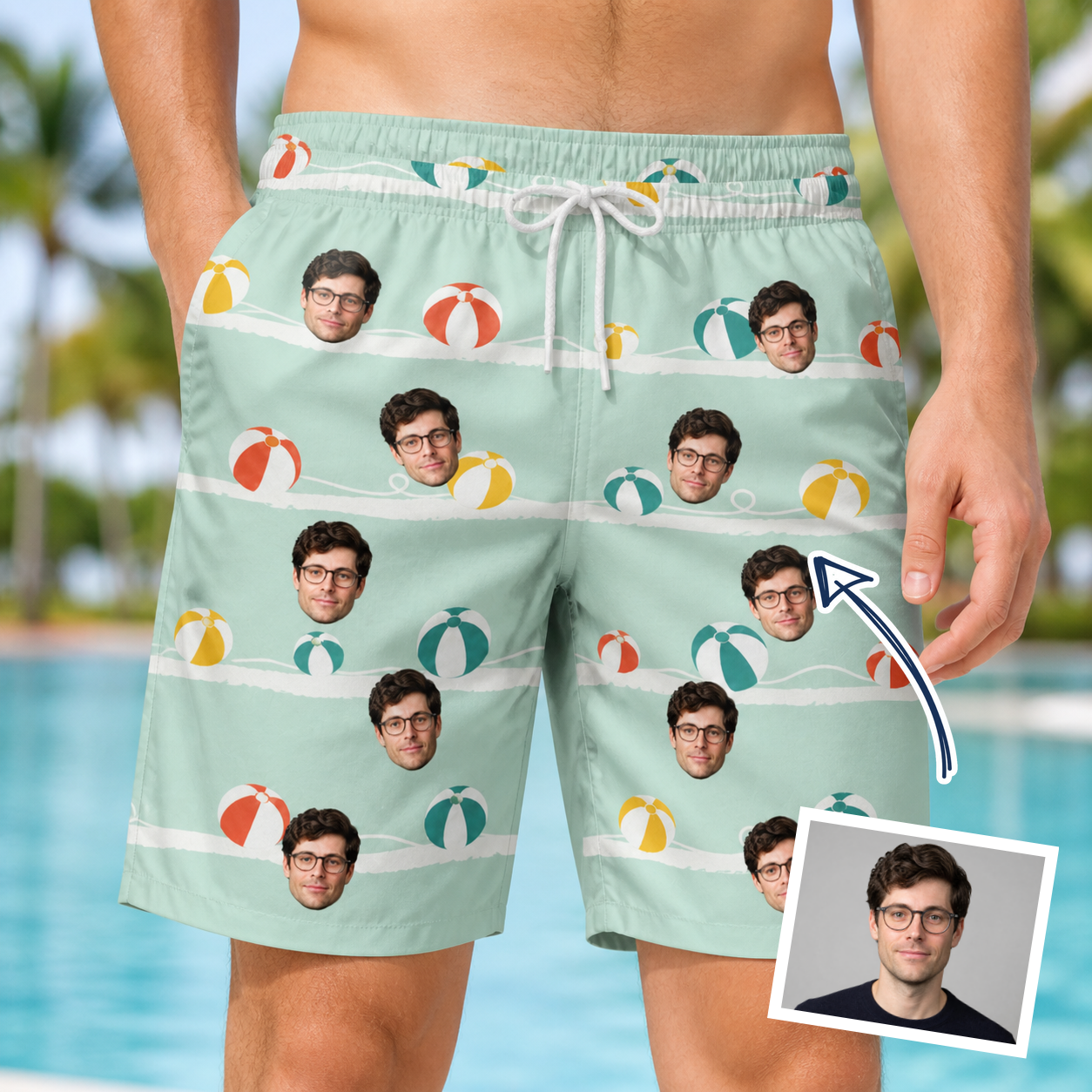 Man wearing Men's Beach Ballad Custom Face Beach Shorts — custom faces printed all-over