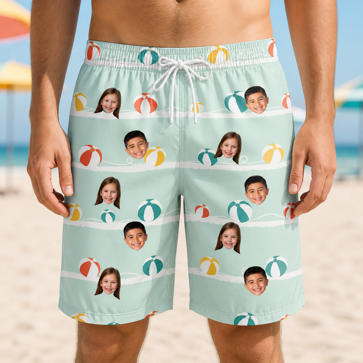 Model wearing Men's Beach Ballad Custom Face Beach Shorts printed with kids' faces
