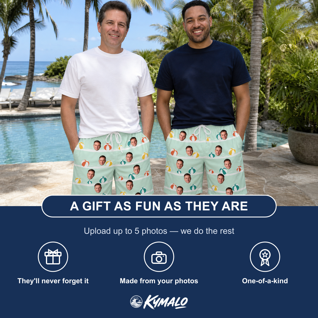 Friends in matching Men's Beach Ballad Custom Face Beach Shorts — a group gift photo
