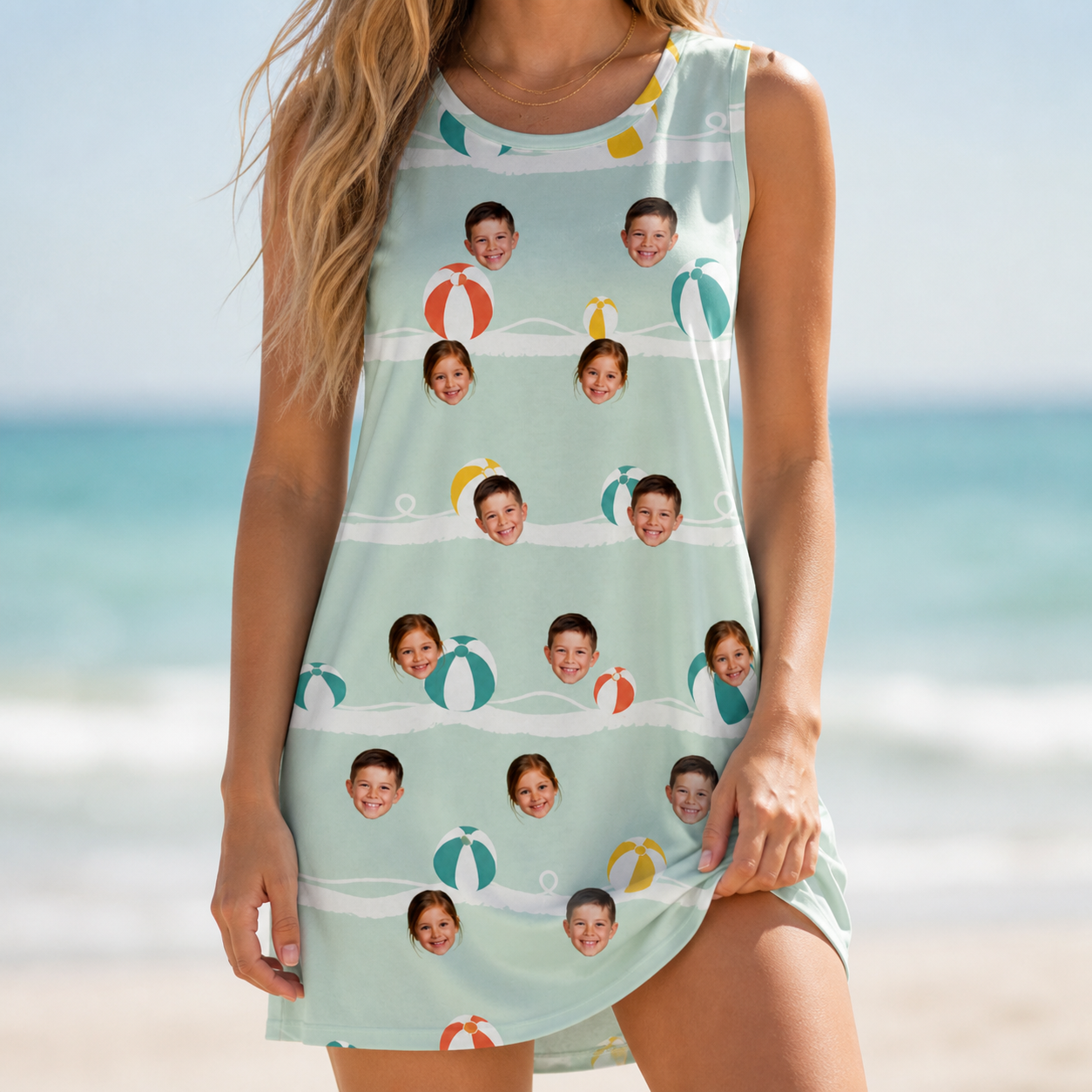 Model wearing Women's Beach Ballad Custom Face Tank Dress printed with kids' faces