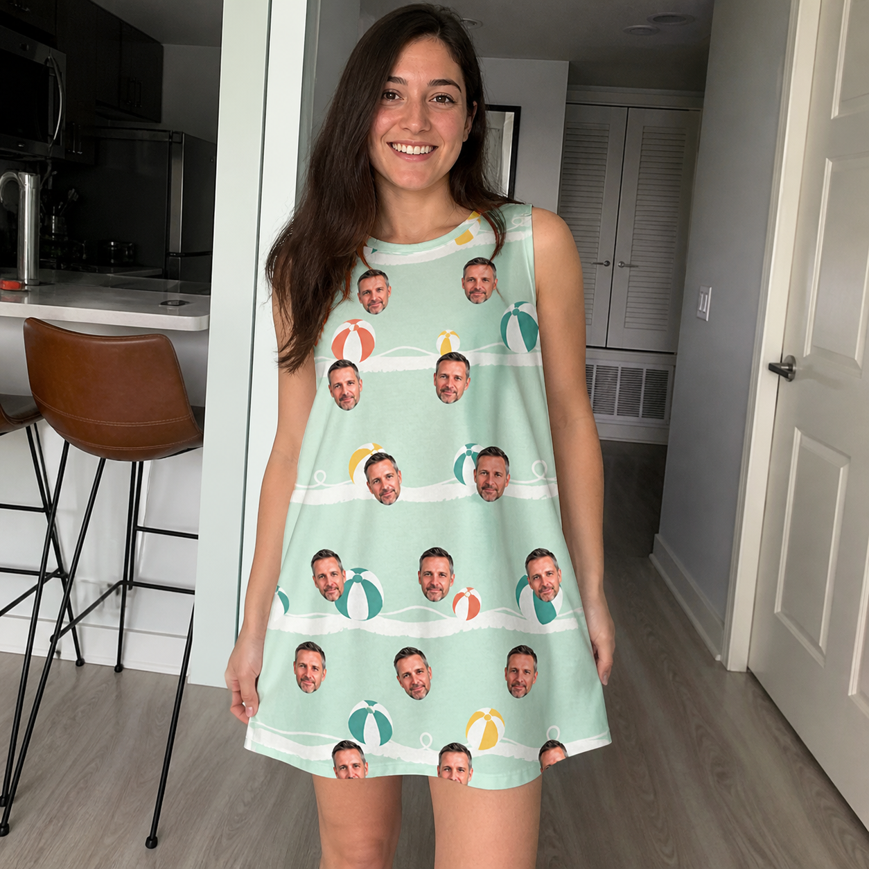 Real-life photo of someone wearing Women's Beach Ballad Custom Face Tank Dress — custom faces printed all-over