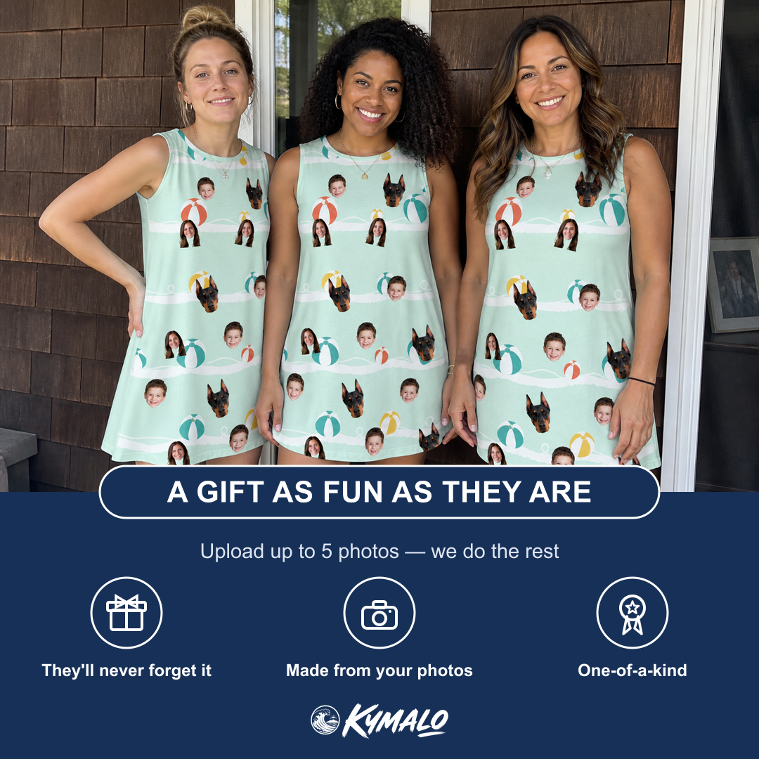 Friends in matching Women's Beach Ballad Custom Face Tank Dress — a group gift photo