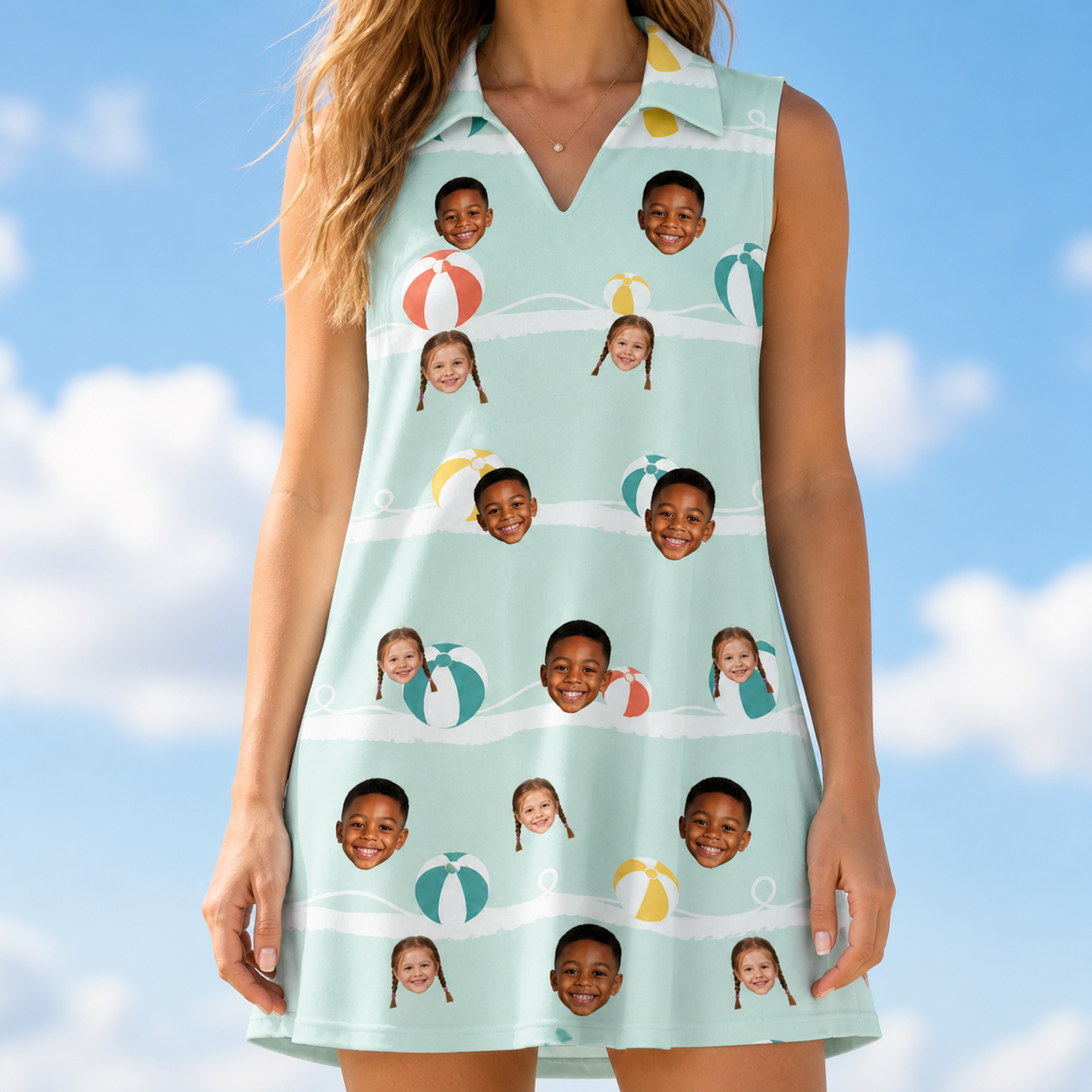 Model wearing Women's Beach Ballad Custom Face V-Neck Dress printed with kids' faces
