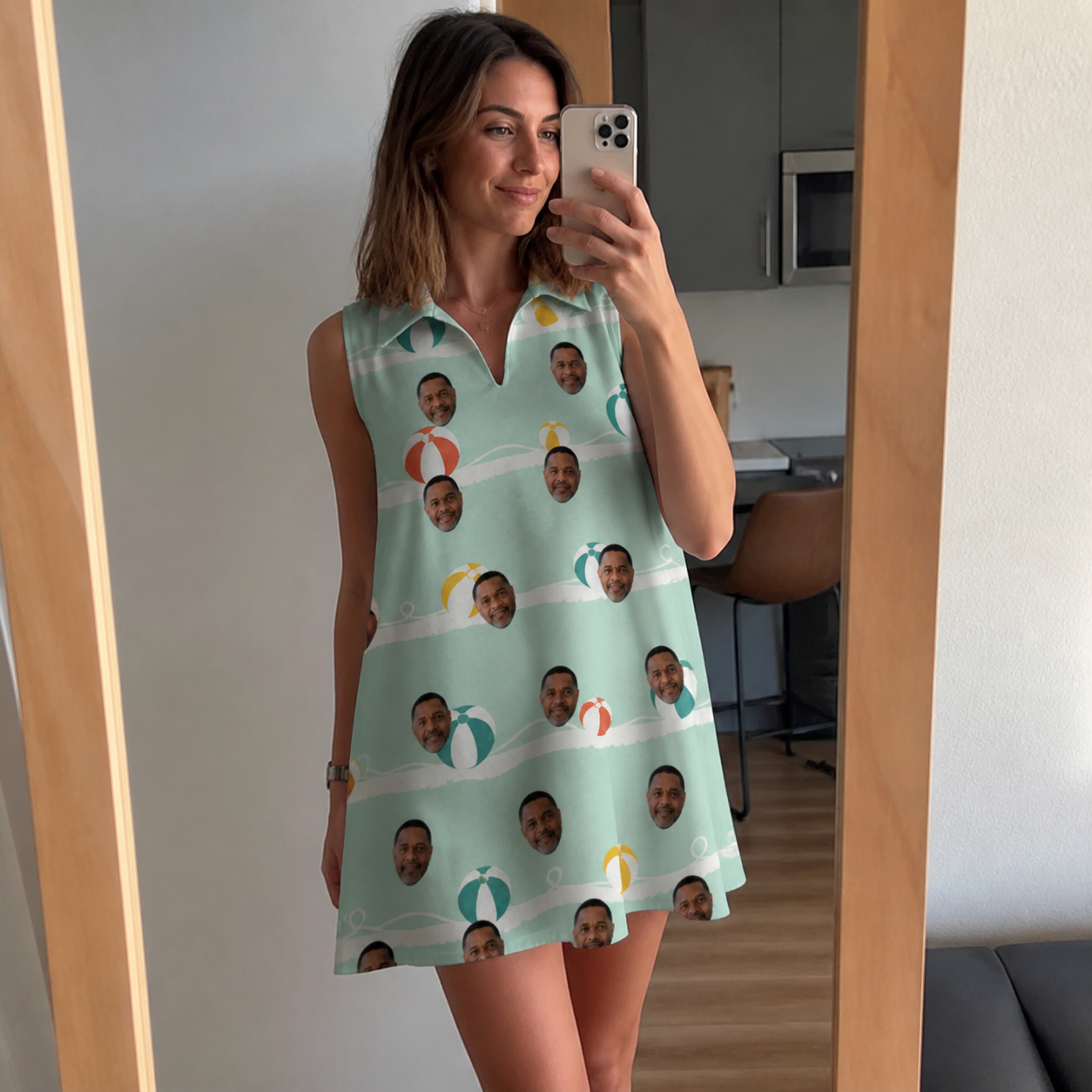 Real-life photo of someone wearing Women's Beach Ballad Custom Face V-Neck Dress — custom faces printed all-over