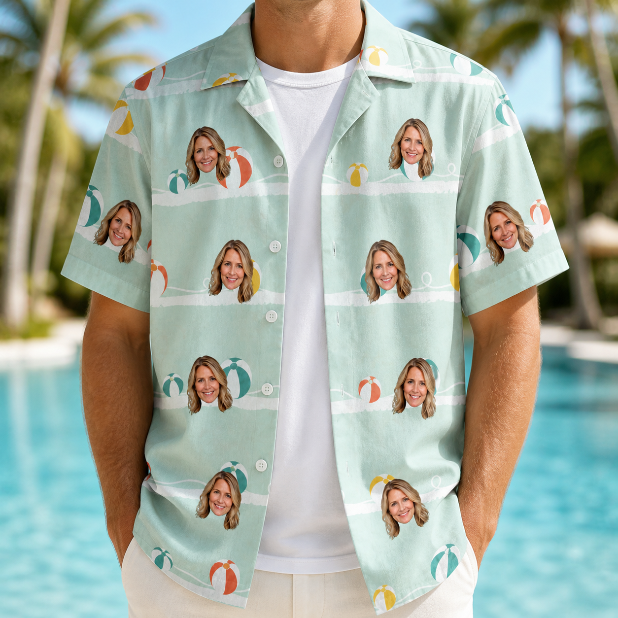 Man wearing Men's Beach Ballad Custom Face Hawaiian Shirt open over a white tee
