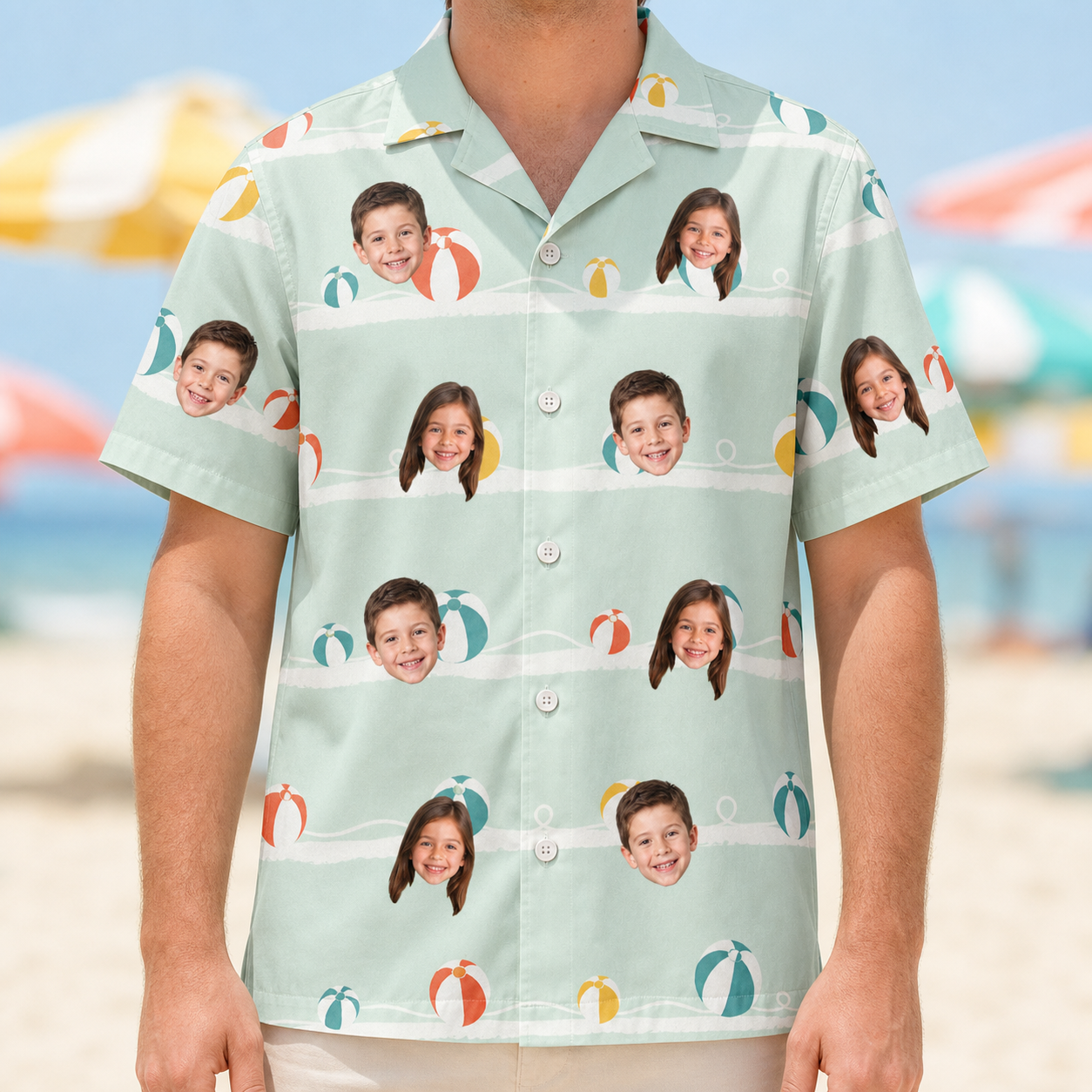 Model wearing Men's Beach Ballad Custom Face Hawaiian Shirt printed with kids' faces