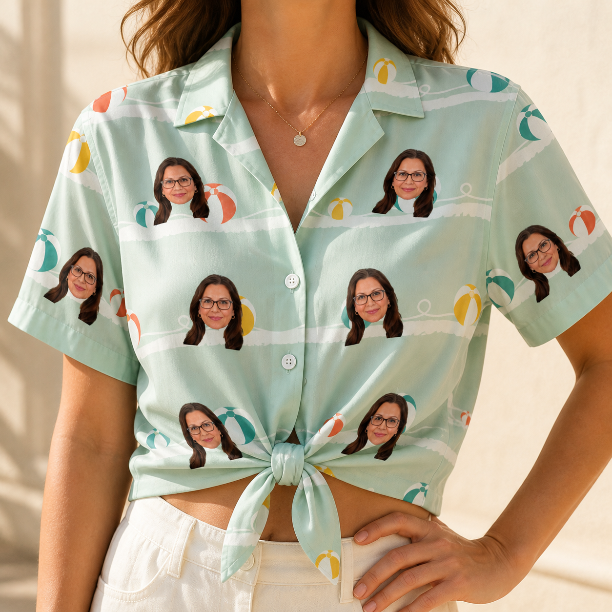 Woman wearing Women's Beach Ballad Custom Face Hawaiian Shirt tied at the waist
