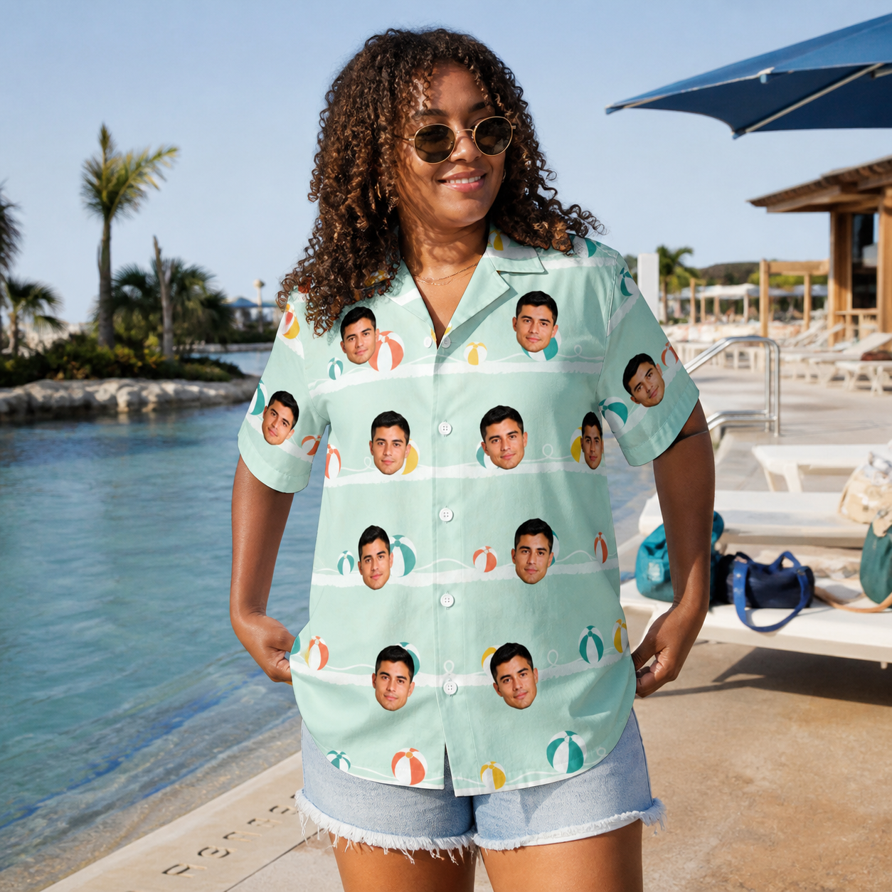Real-life photo of someone wearing Women's Beach Ballad Custom Face Hawaiian Shirt — custom faces printed all-over