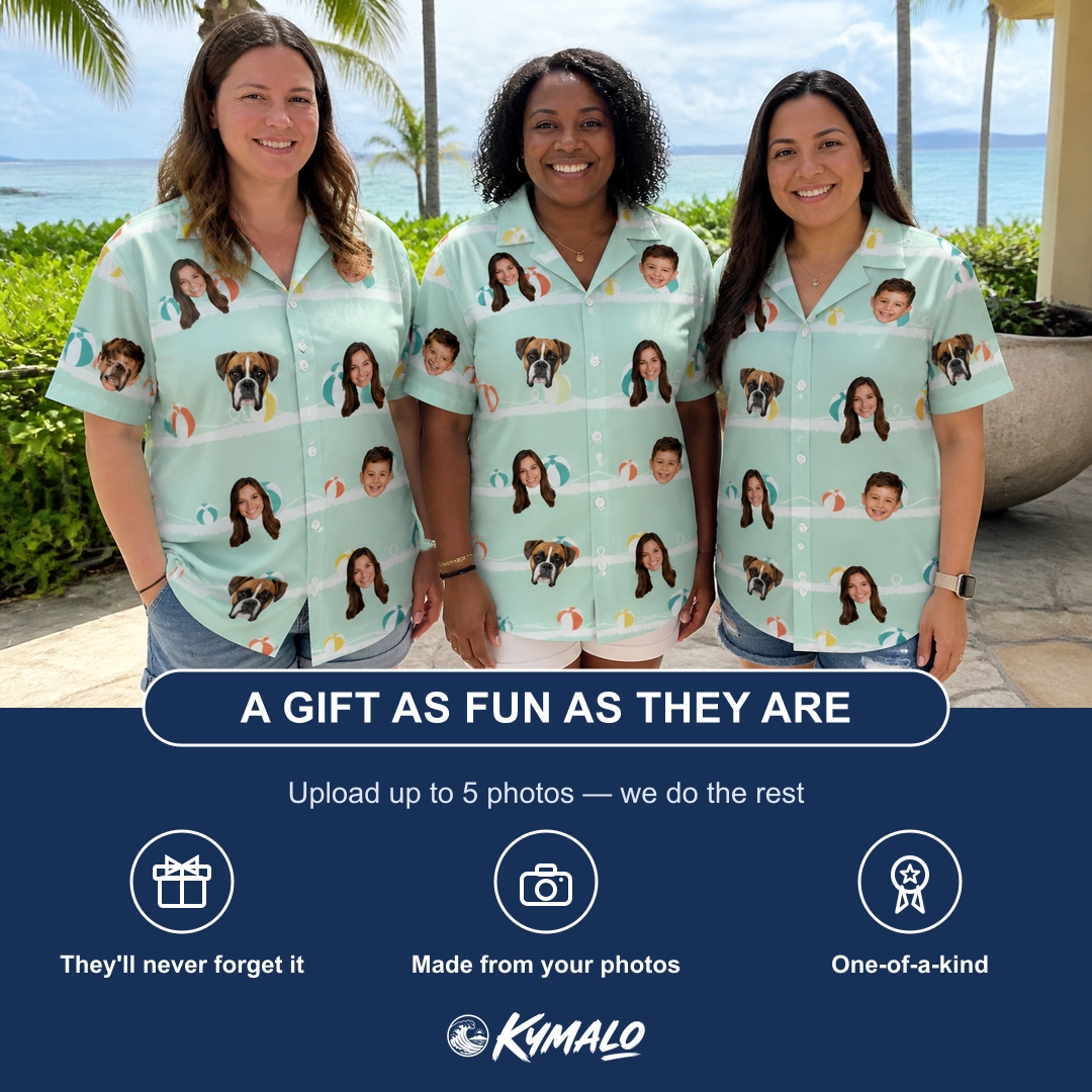 Friends in matching Women's Beach Ballad Custom Face Hawaiian Shirt — a group gift photo