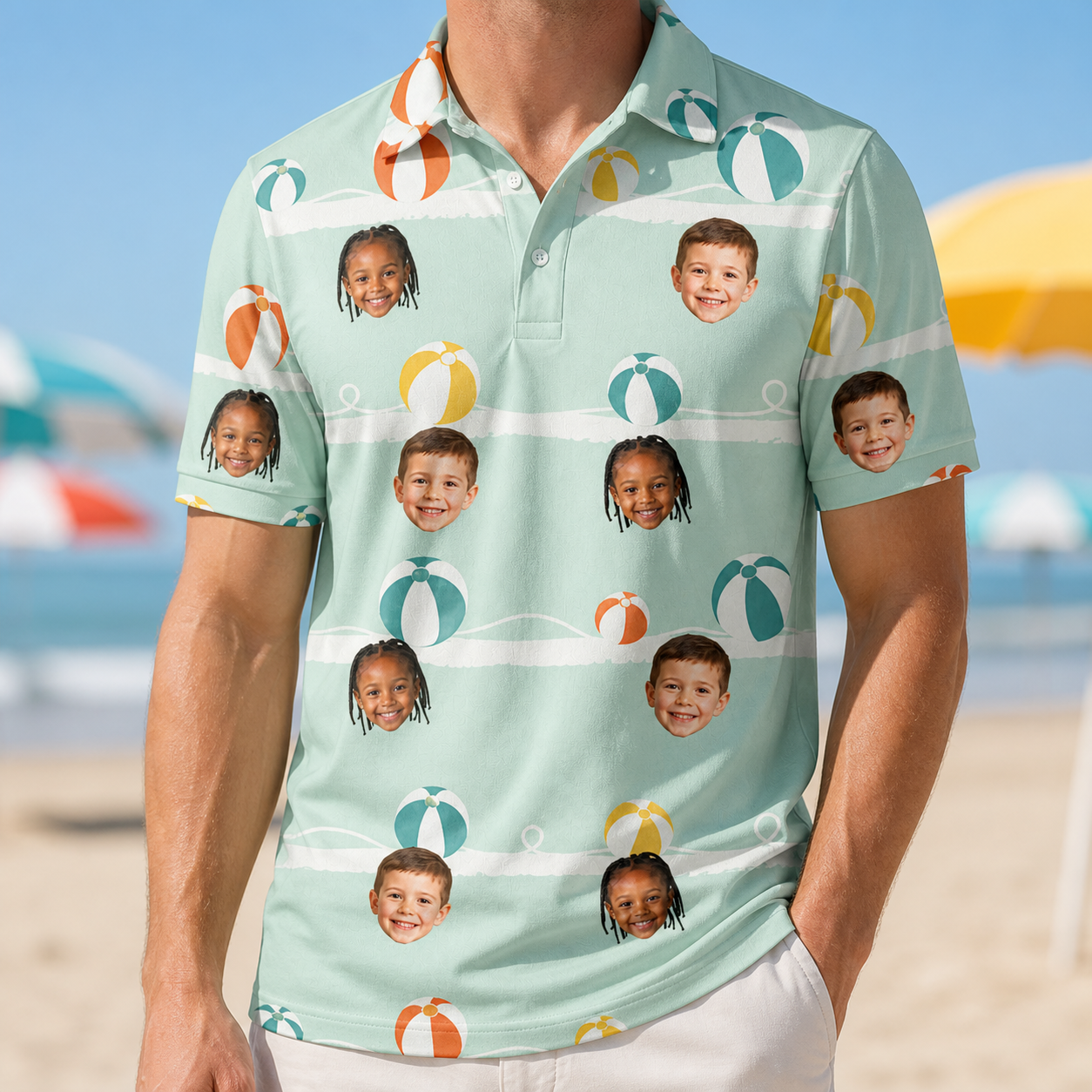Model wearing Men's Beach Ballad Custom Face Polo Shirt printed with kids' faces