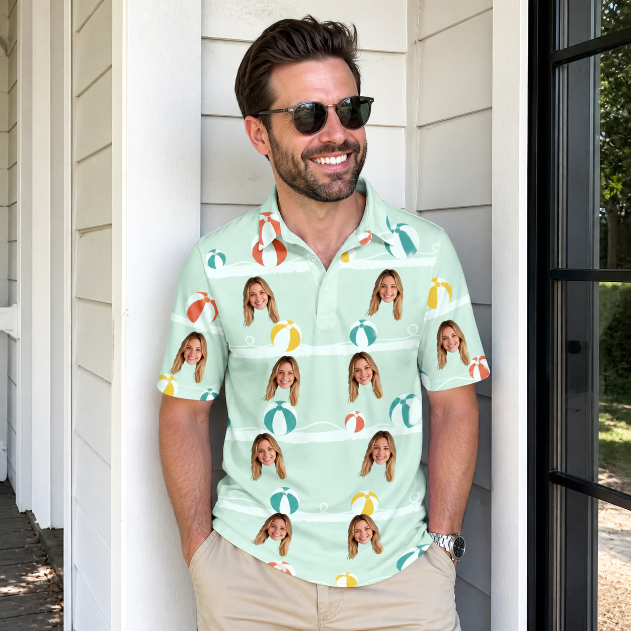 Real-life photo of someone wearing Men's Beach Ballad Custom Face Polo Shirt — custom faces printed all-over