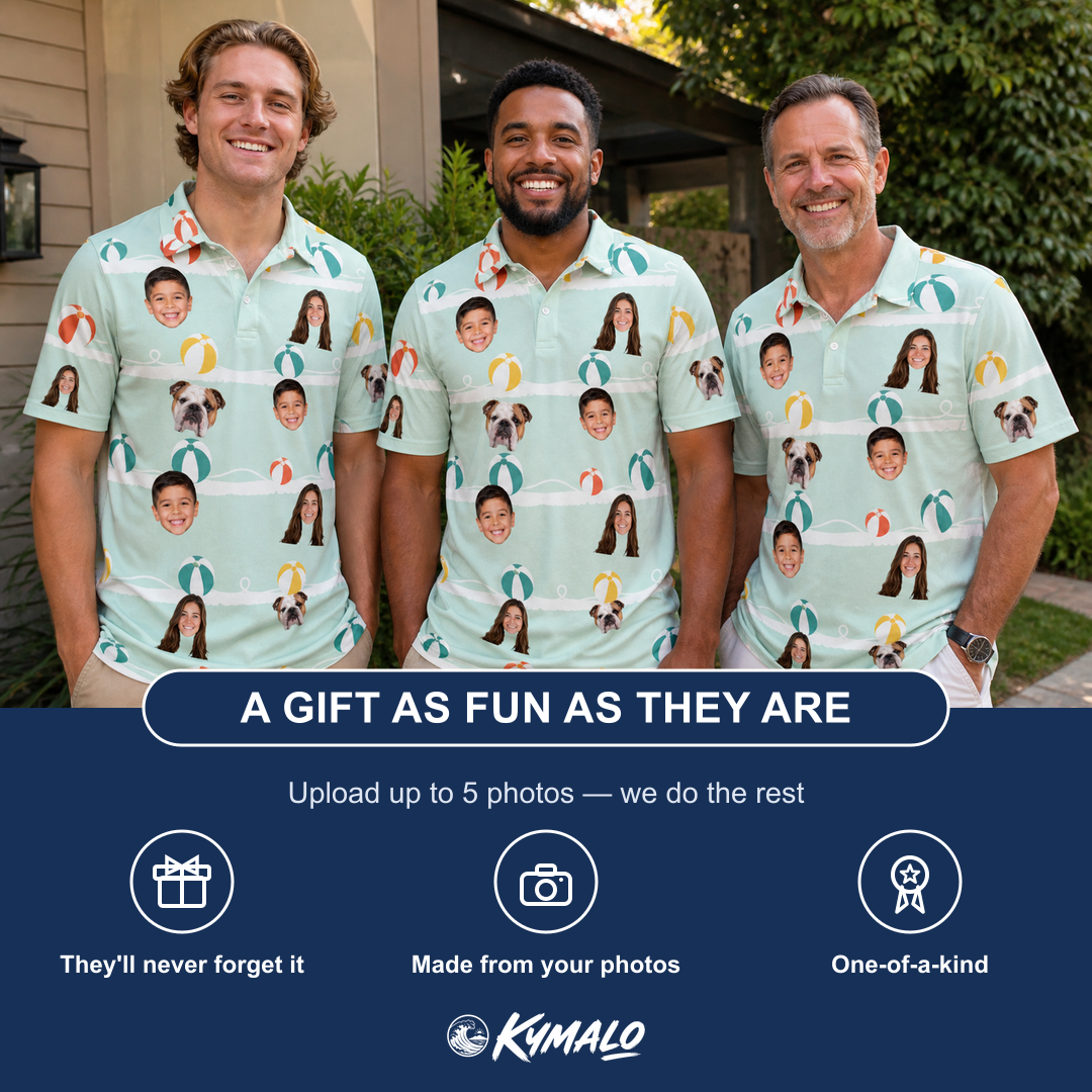 Friends in matching Men's Beach Ballad Custom Face Polo Shirt — a group gift photo