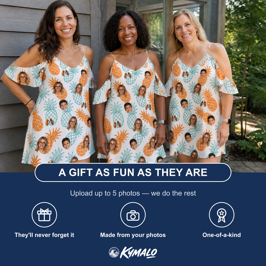 Friends in matching Women's Spiky Staycation Custom Face Off-Shoulder Dress — a group gift photo
