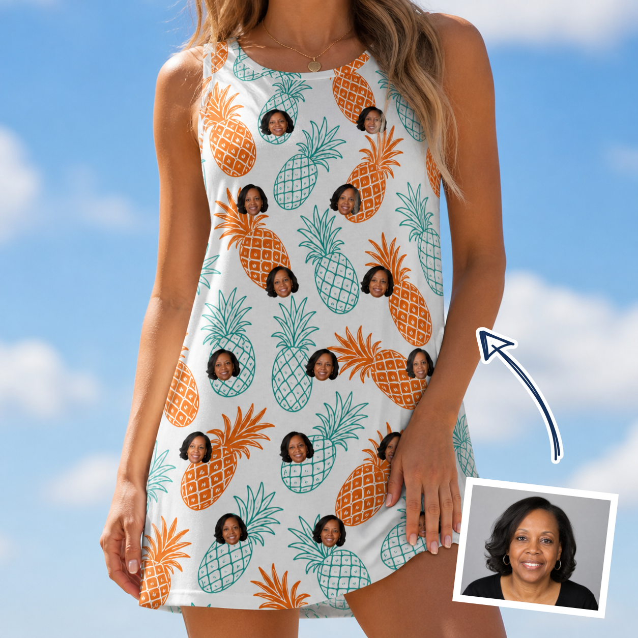 Woman wearing Women's Spiky Staycation Custom Face Tank Dress — custom faces printed all-over