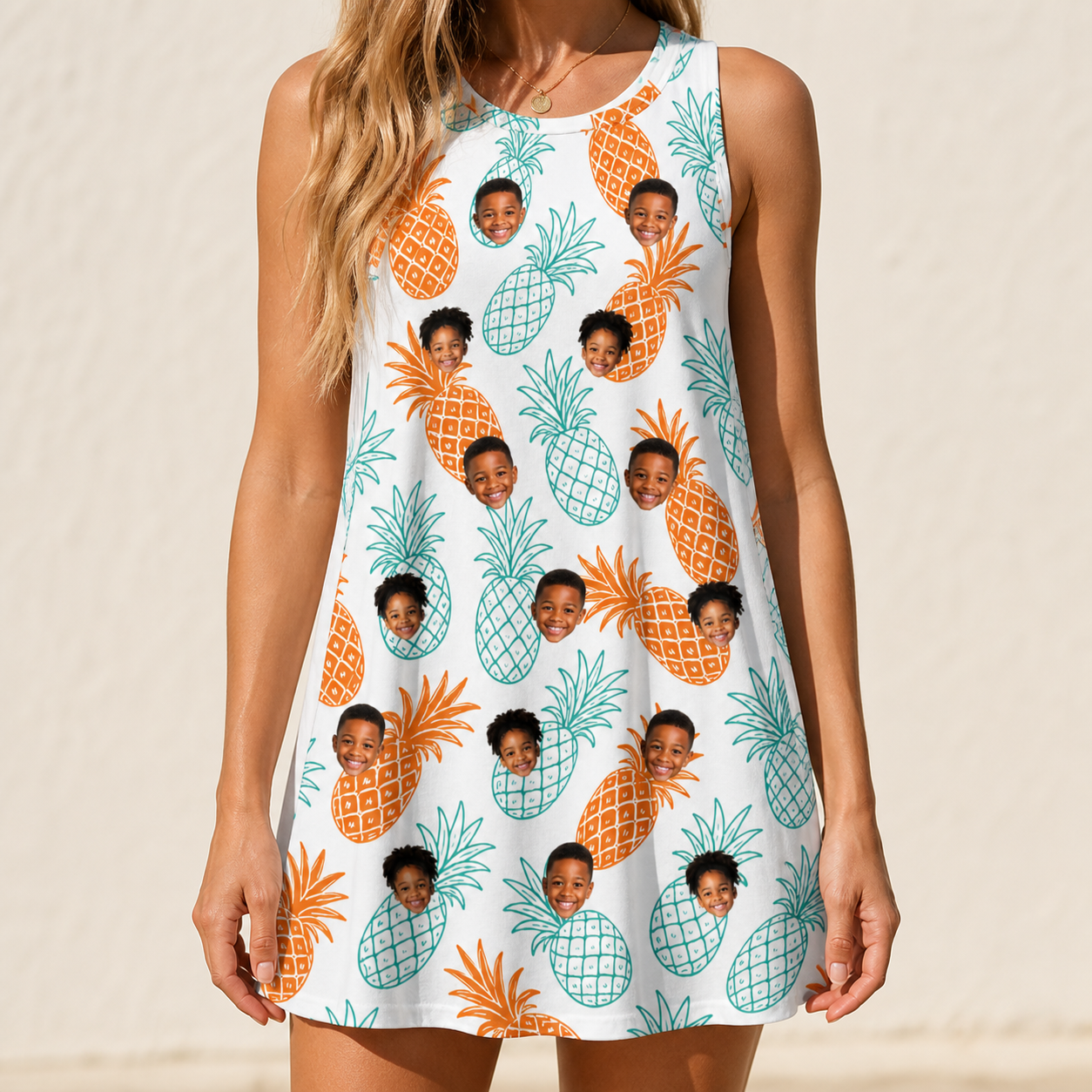 Model wearing Women's Spiky Staycation Custom Face Tank Dress printed with kids' faces