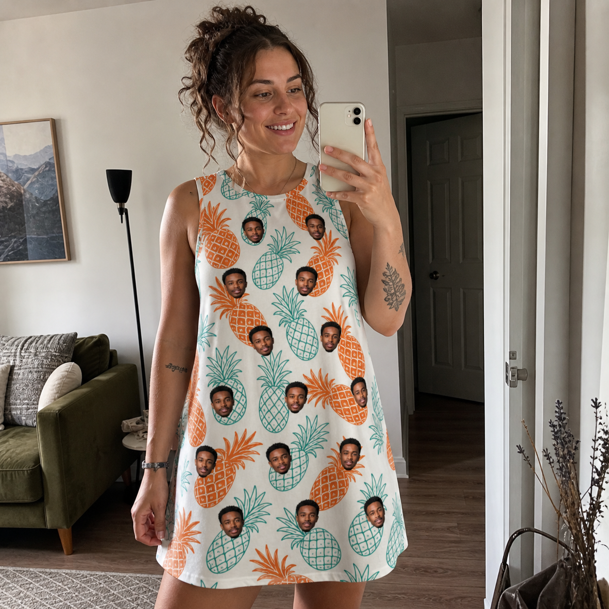 Real-life photo of someone wearing Women's Spiky Staycation Custom Face Tank Dress — custom faces printed all-over