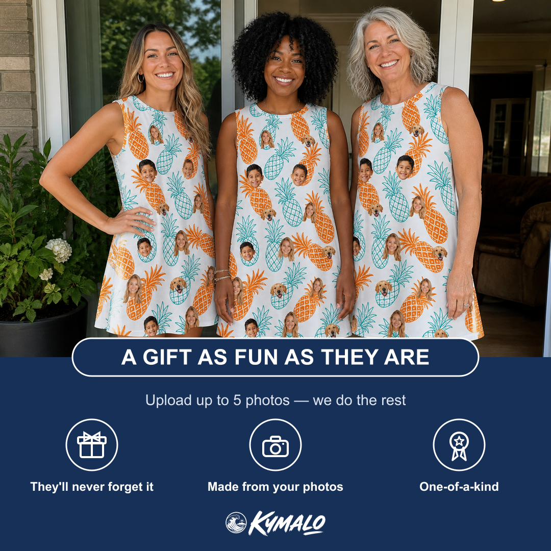 Friends in matching Women's Spiky Staycation Custom Face Tank Dress — a group gift photo