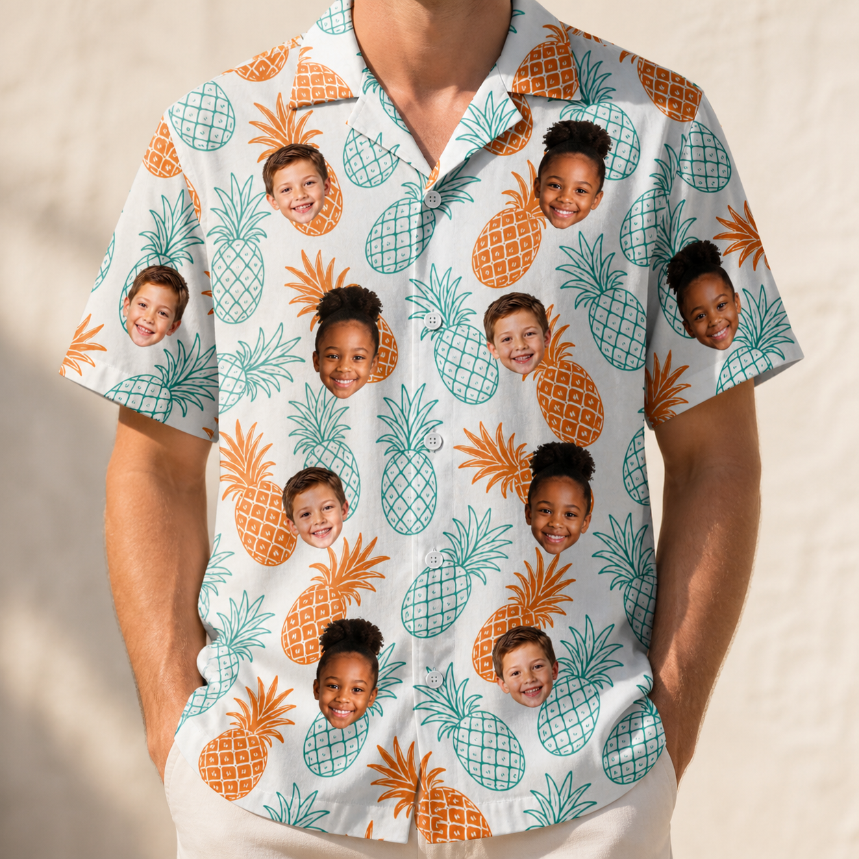 Model wearing Men's Spiky Staycation Custom Face Hawaiian Shirt printed with kids' faces