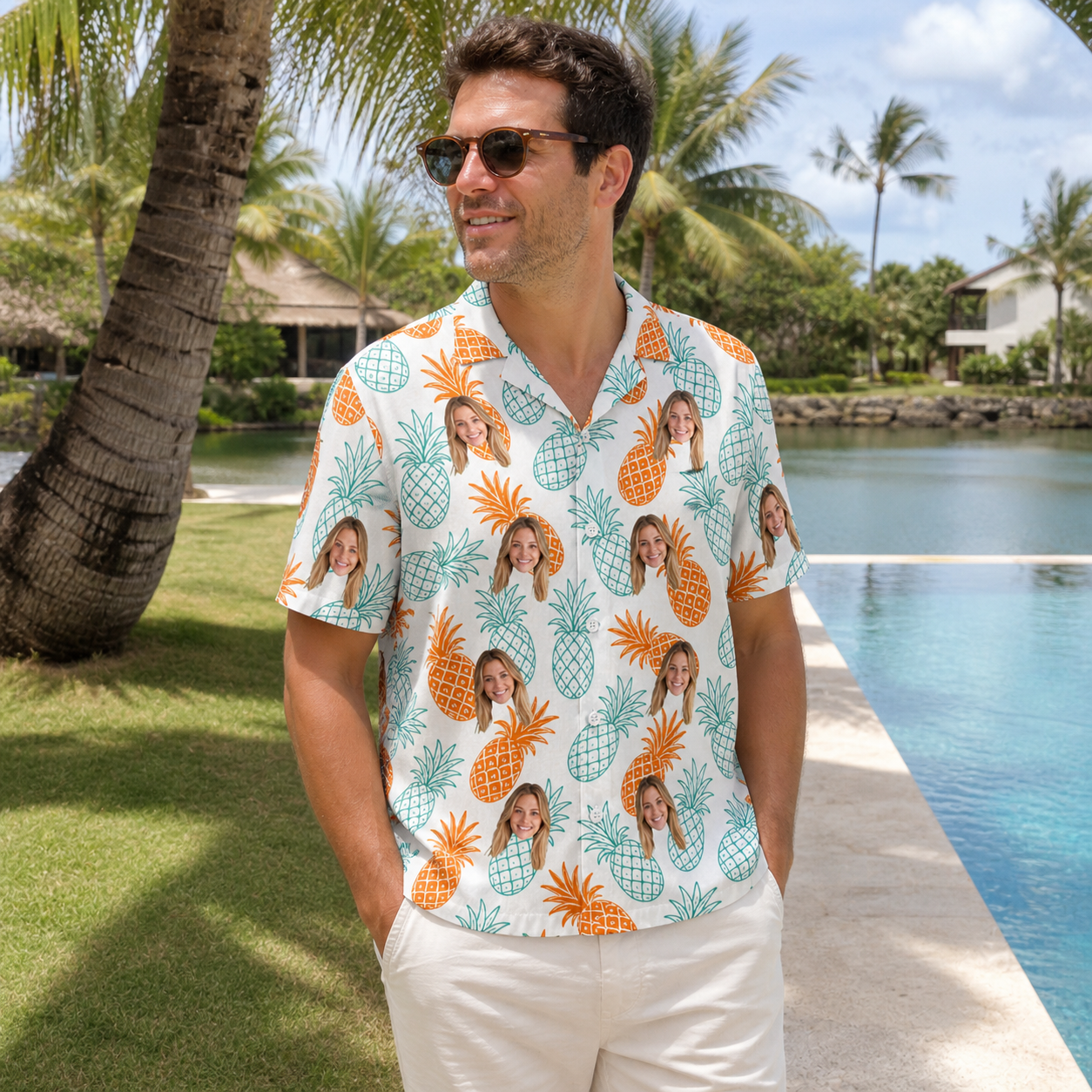 Real-life photo of someone wearing Men's Spiky Staycation Custom Face Hawaiian Shirt — custom faces printed all-over