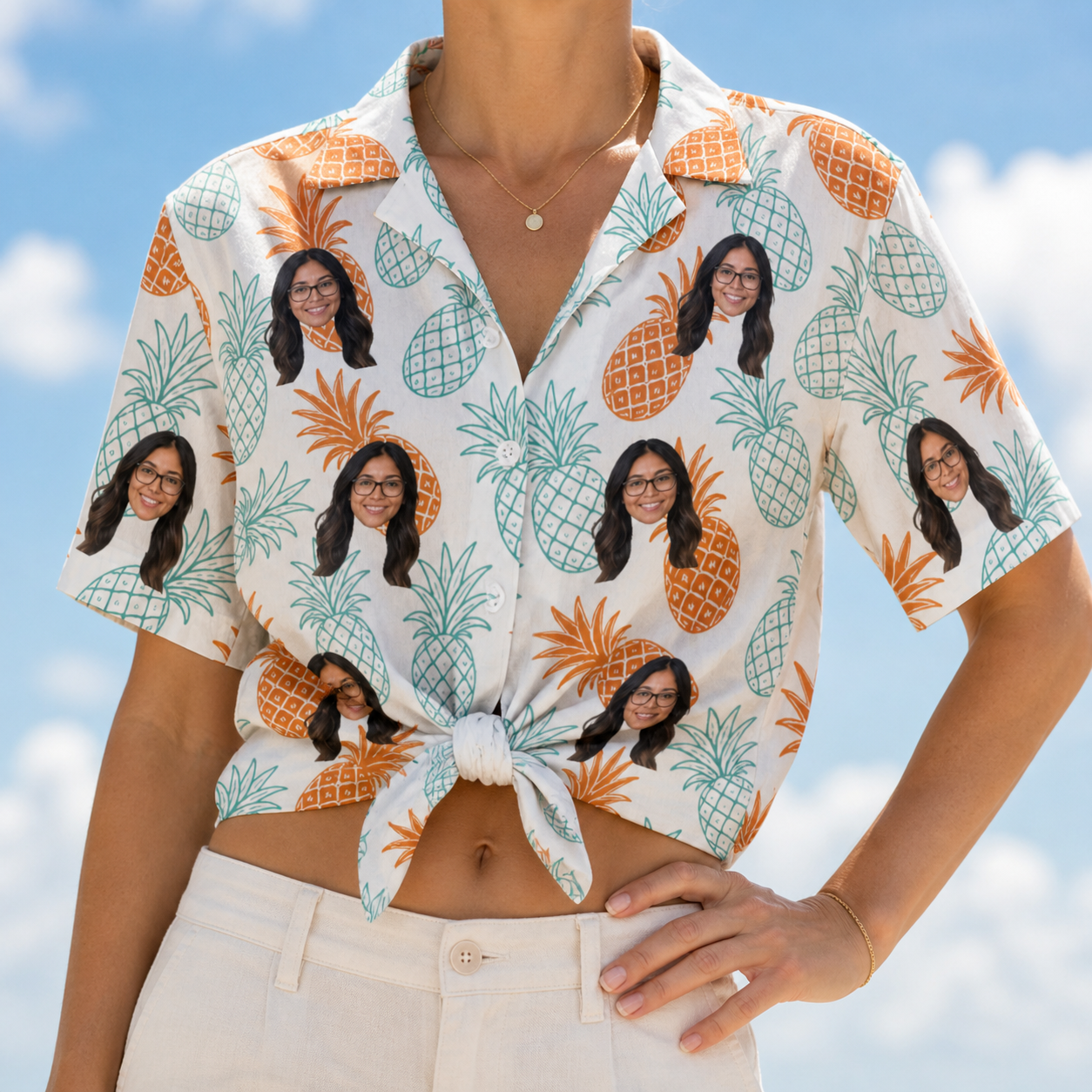 Woman wearing Women's Spiky Staycation Custom Face Hawaiian Shirt tied at the waist