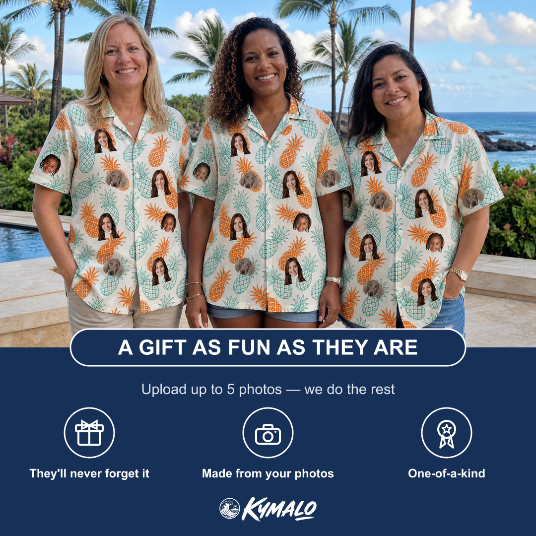 Friends in matching Women's Spiky Staycation Custom Face Hawaiian Shirt — a group gift photo