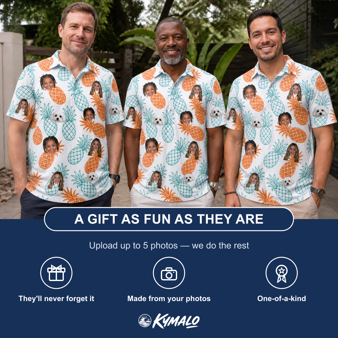 Friends in matching Men's Spiky Staycation Custom Face Polo Shirt — a group gift photo