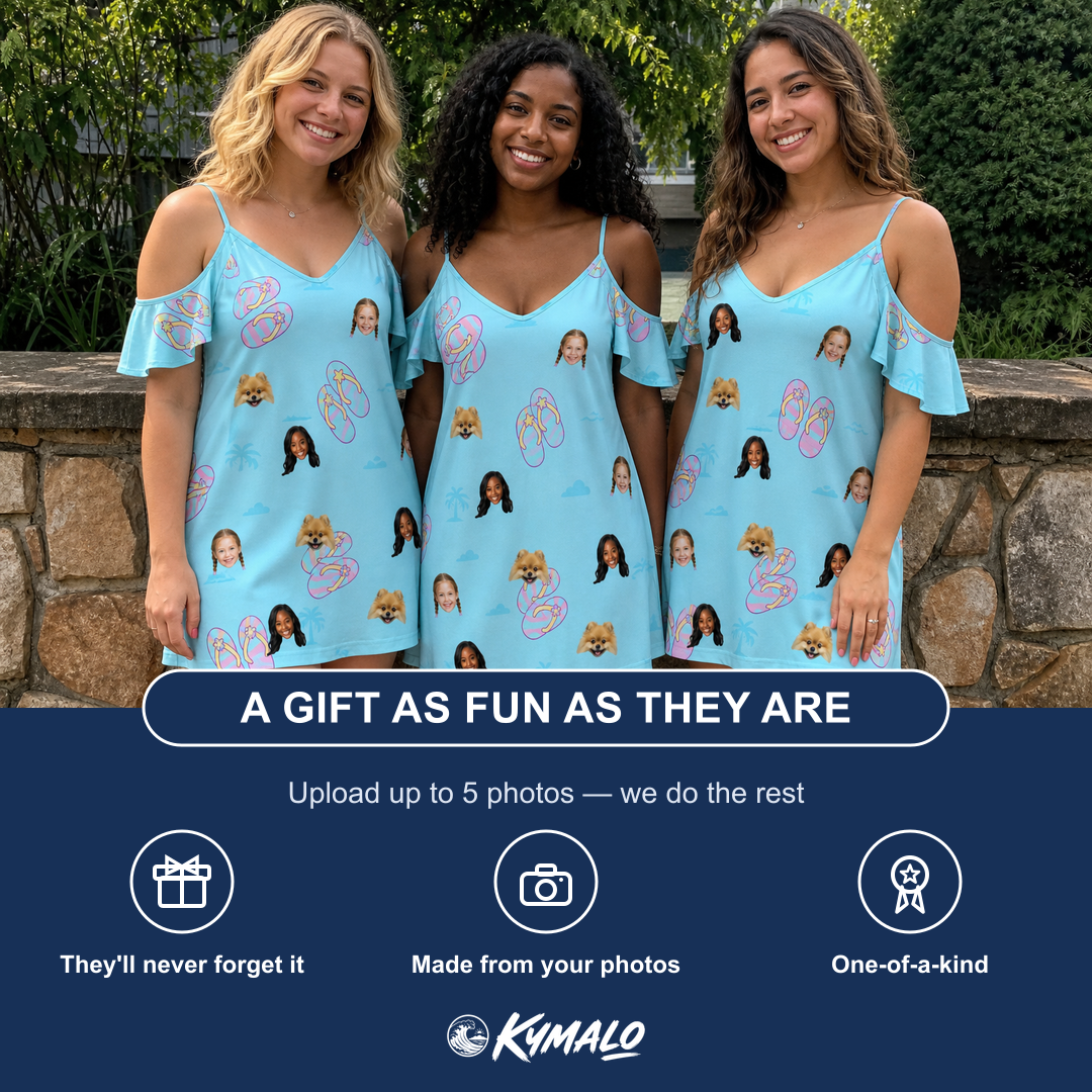 Friends in matching Women's Flipflop Fanfare Custom Face Off-Shoulder Dress — a group gift photo