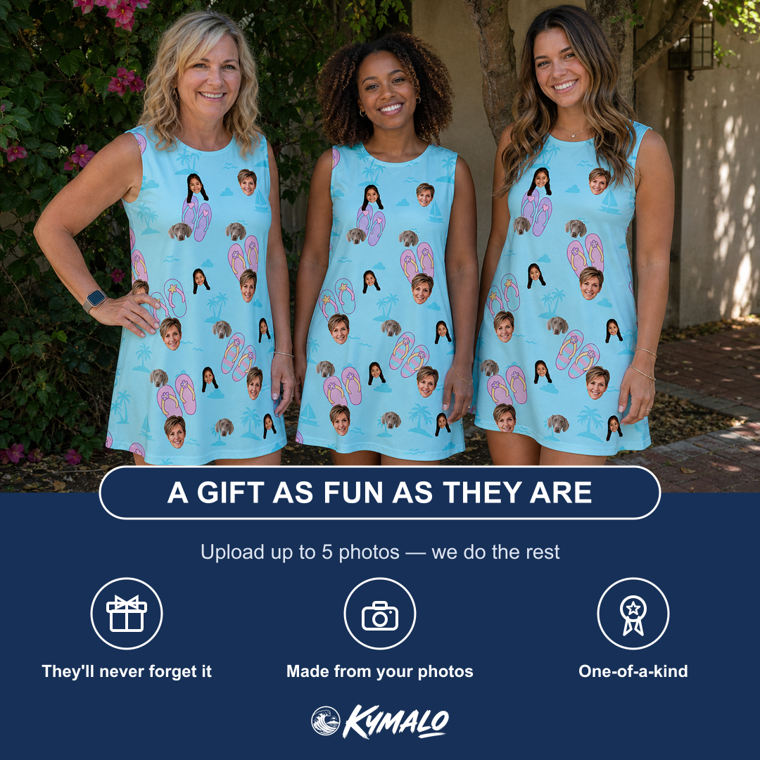 Friends in matching Women's Flipflop Fanfare Custom Face Tank Dress — a group gift photo