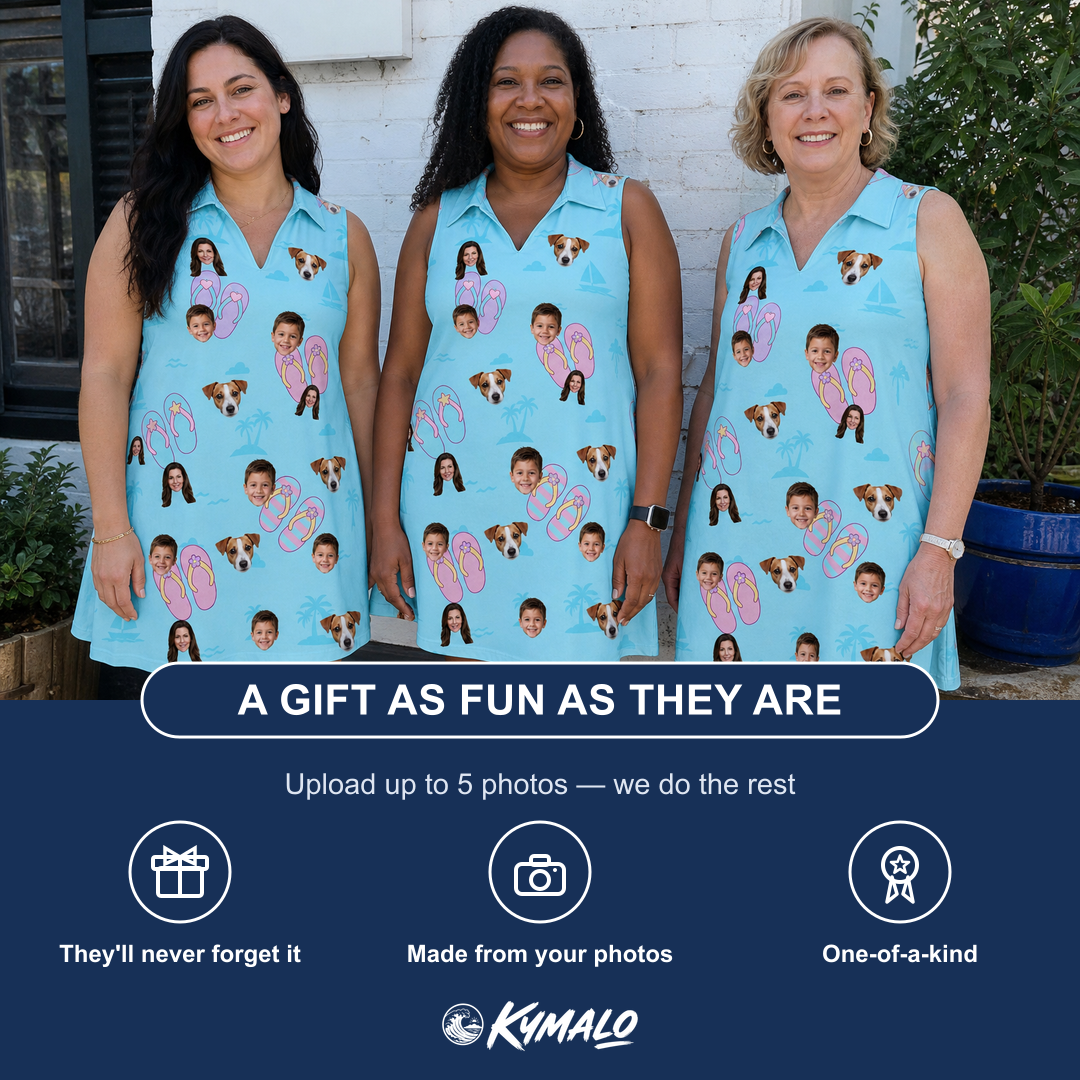 Friends in matching Women's Flipflop Fanfare Custom Face V-Neck Dress — a group gift photo