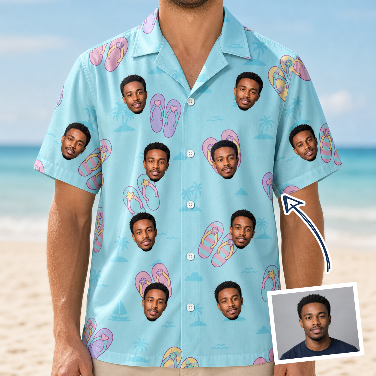Man wearing Men's Flipflop Fanfare Custom Face Hawaiian Shirt — custom faces printed all-over