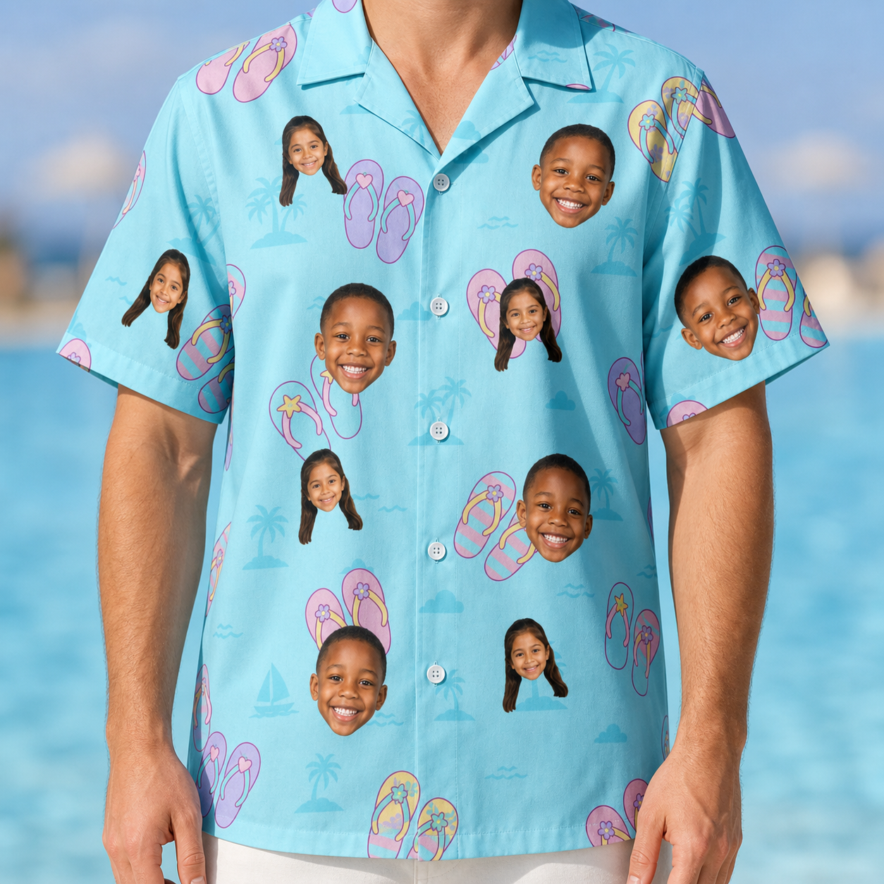 Model wearing Men's Flipflop Fanfare Custom Face Hawaiian Shirt printed with kids' faces