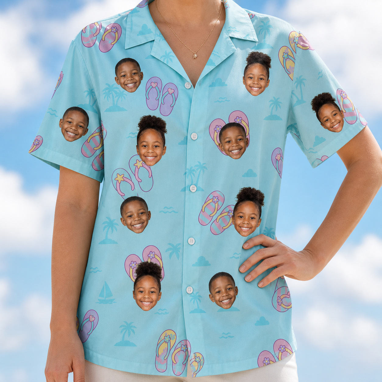 Model wearing Women's Flipflop Fanfare Custom Face Hawaiian Shirt printed with kids' faces