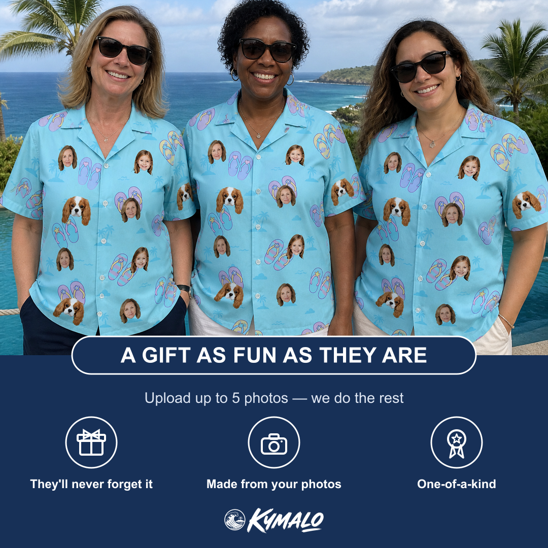 Friends in matching Women's Flipflop Fanfare Custom Face Hawaiian Shirt — a group gift photo