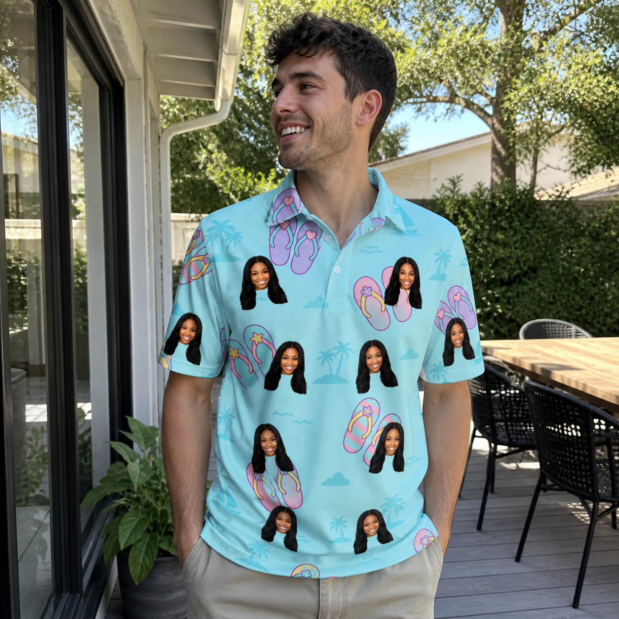 Real-life photo of someone wearing Men's Flipflop Fanfare Custom Face Polo Shirt — custom faces printed all-over