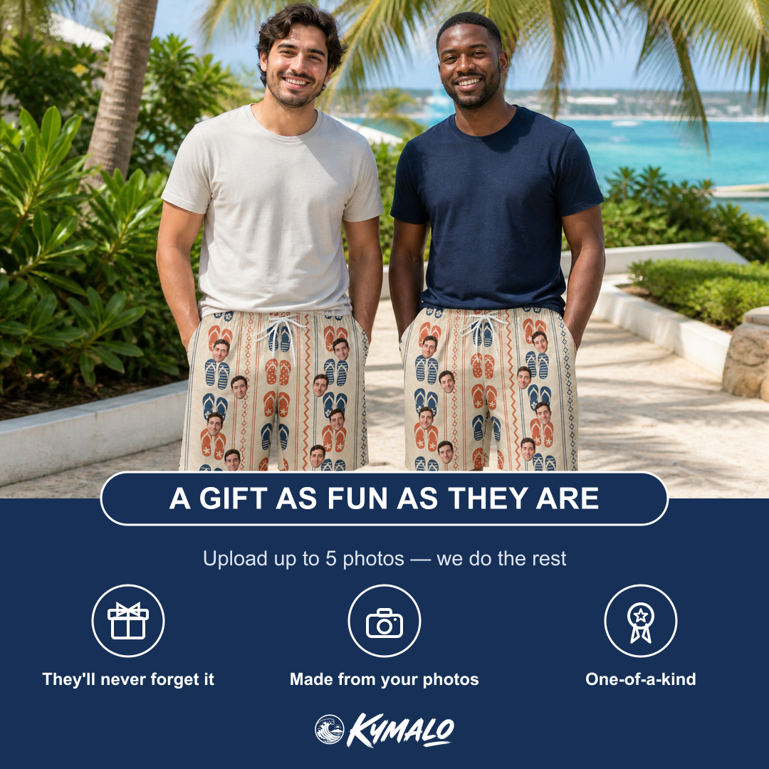 Friends in matching Men's Sole Mates Custom Face Beach Shorts — a group gift photo