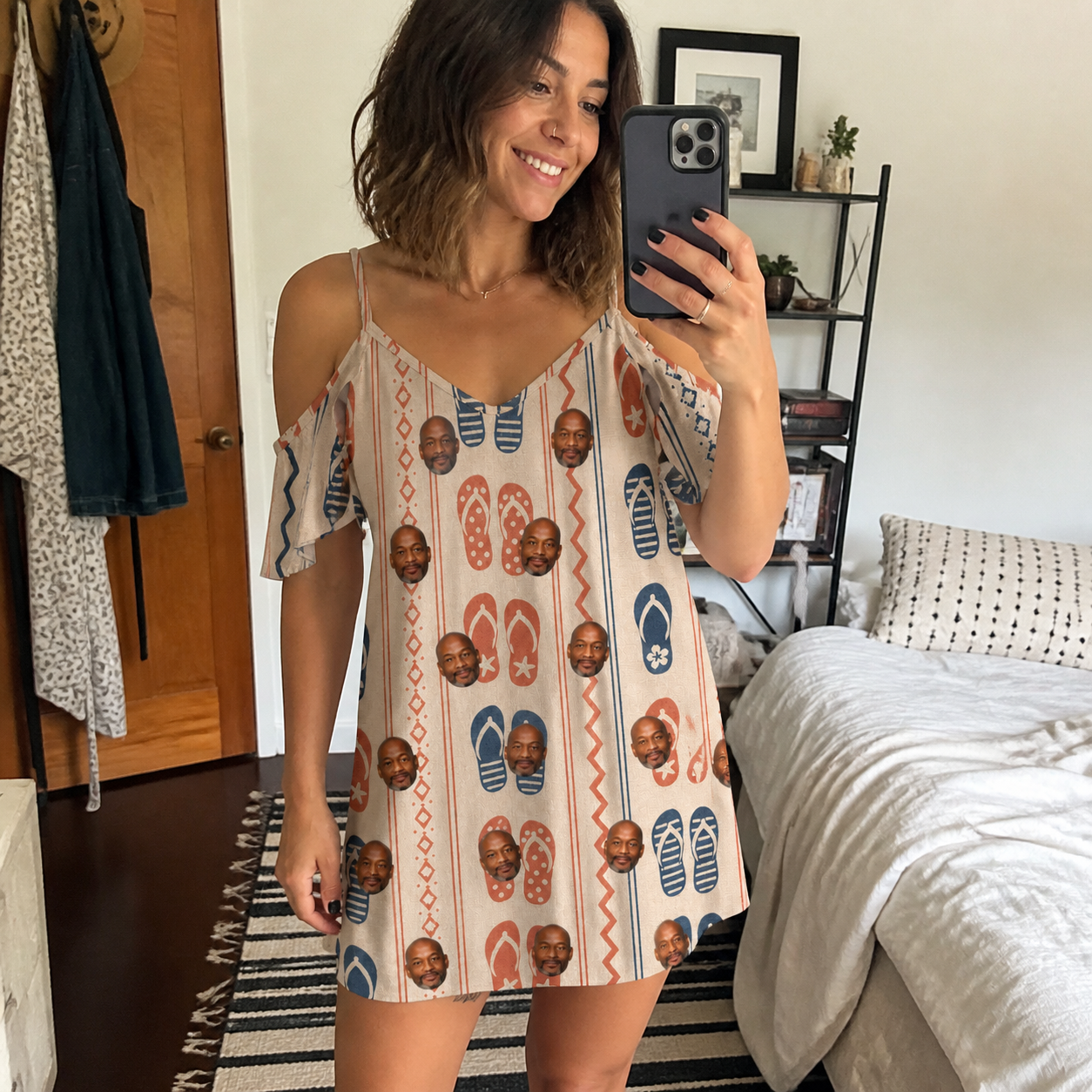 Real-life photo of someone wearing Women's Sole Mates Custom Face Off-Shoulder Dress — custom faces printed all-over