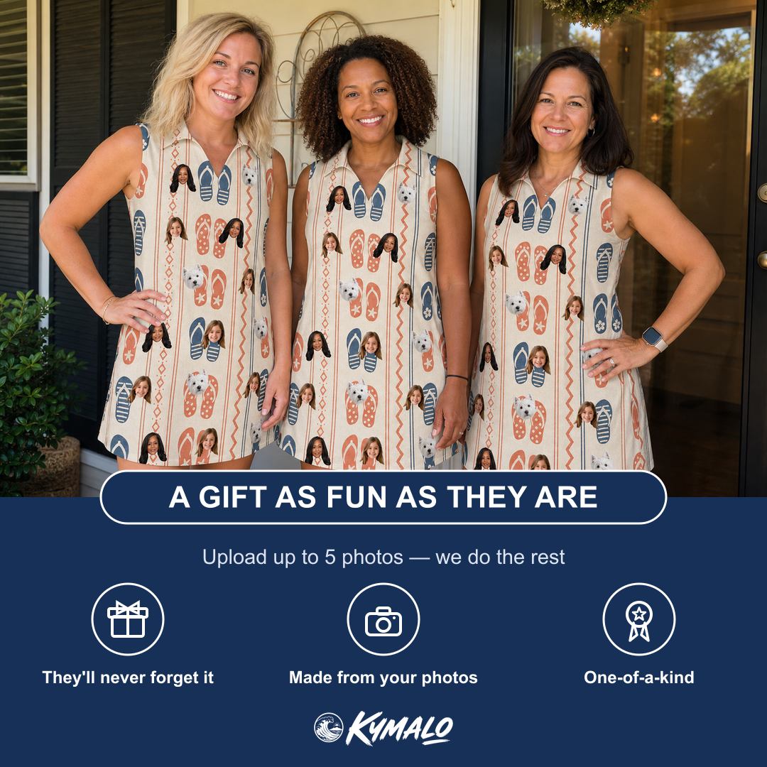 Friends in matching Women's Sole Mates Custom Face V-Neck Dress — a group gift photo