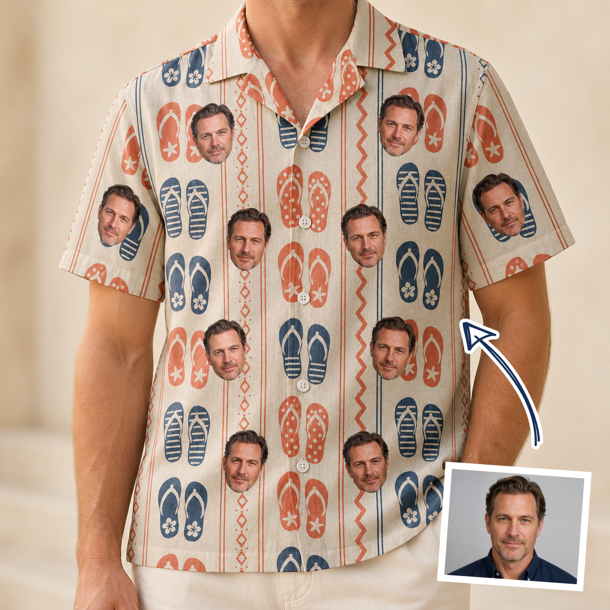 Man wearing Men's Sole Mates Custom Face Hawaiian Shirt — custom faces printed all-over