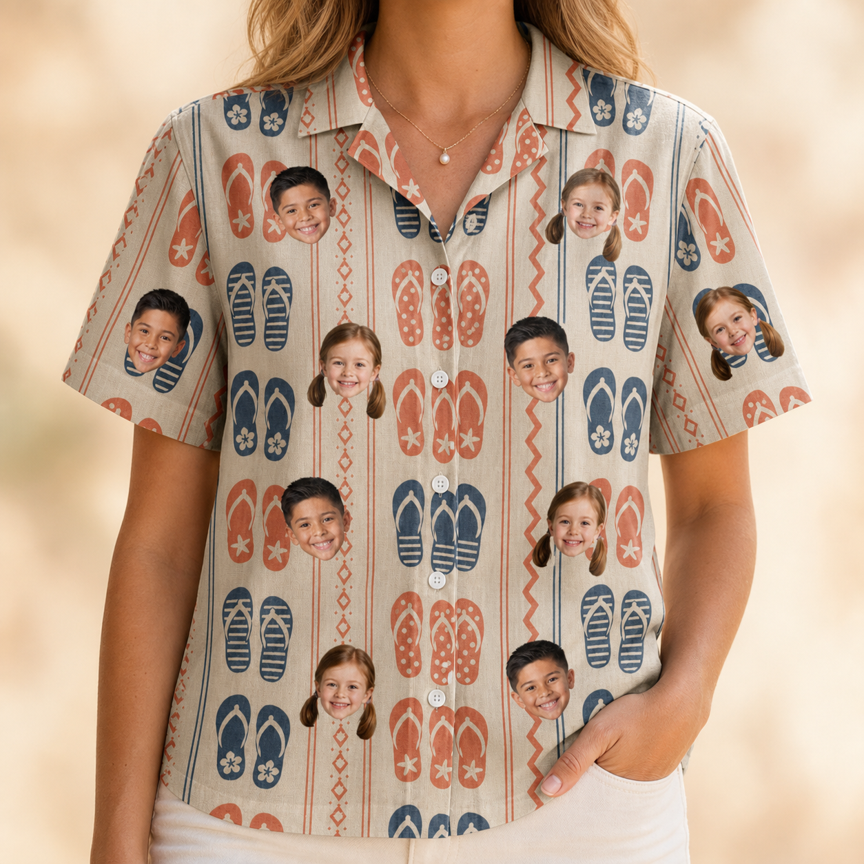 Model wearing Women's Sole Mates Custom Face Hawaiian Shirt printed with kids' faces