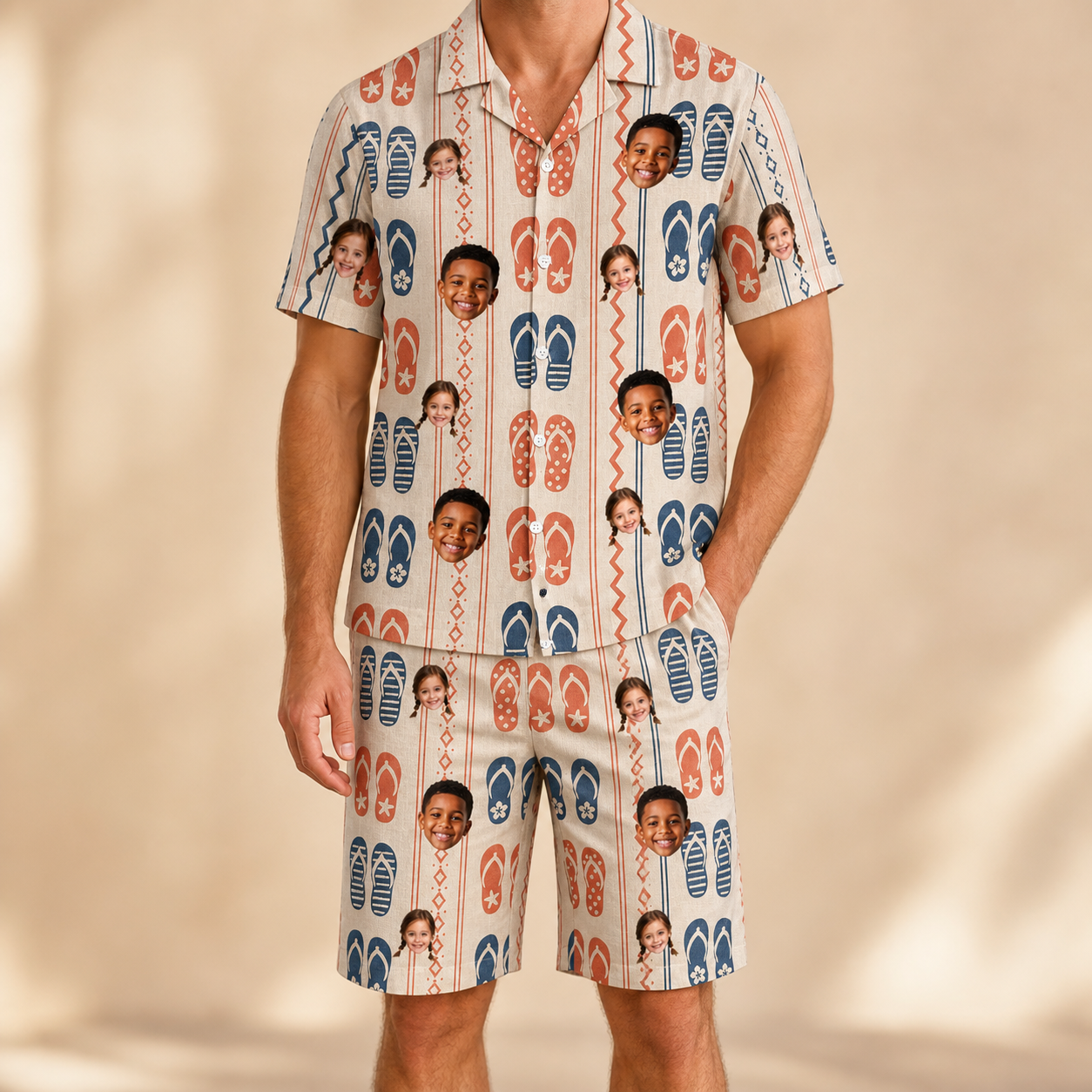 Model wearing Men's Sole Mates Custom Face Shirt & Shorts Set printed with kids' faces
