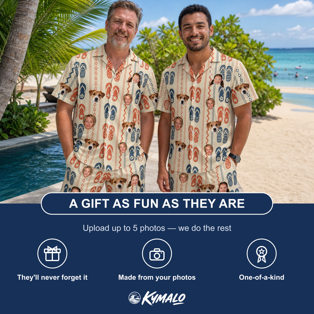 Friends in matching Men's Sole Mates Custom Face Shirt & Shorts Set — a group gift photo