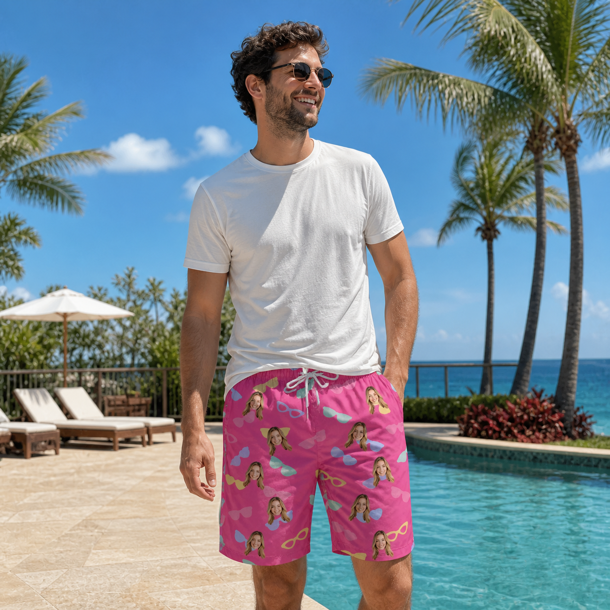 Real-life photo of someone wearing Men's Sunbound Siblings Custom Face Beach Shorts — custom faces printed all-over