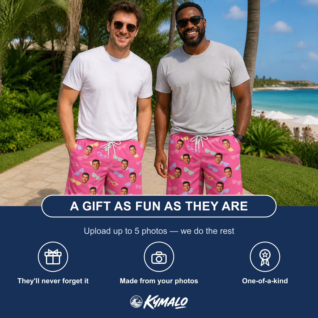 Friends in matching Men's Sunbound Siblings Custom Face Beach Shorts — a group gift photo
