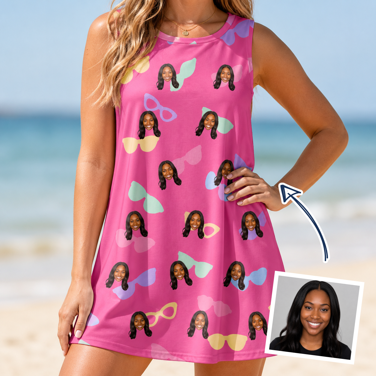 Woman wearing Women's Sunbound Siblings Custom Face Tank Dress — custom faces printed all-over