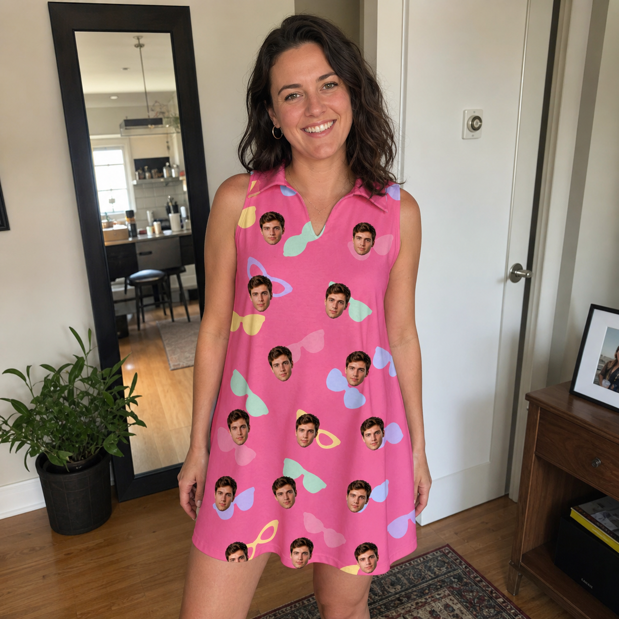 Real-life photo of someone wearing Women's Sunbound Siblings Custom Face V-Neck Dress — custom faces printed all-over