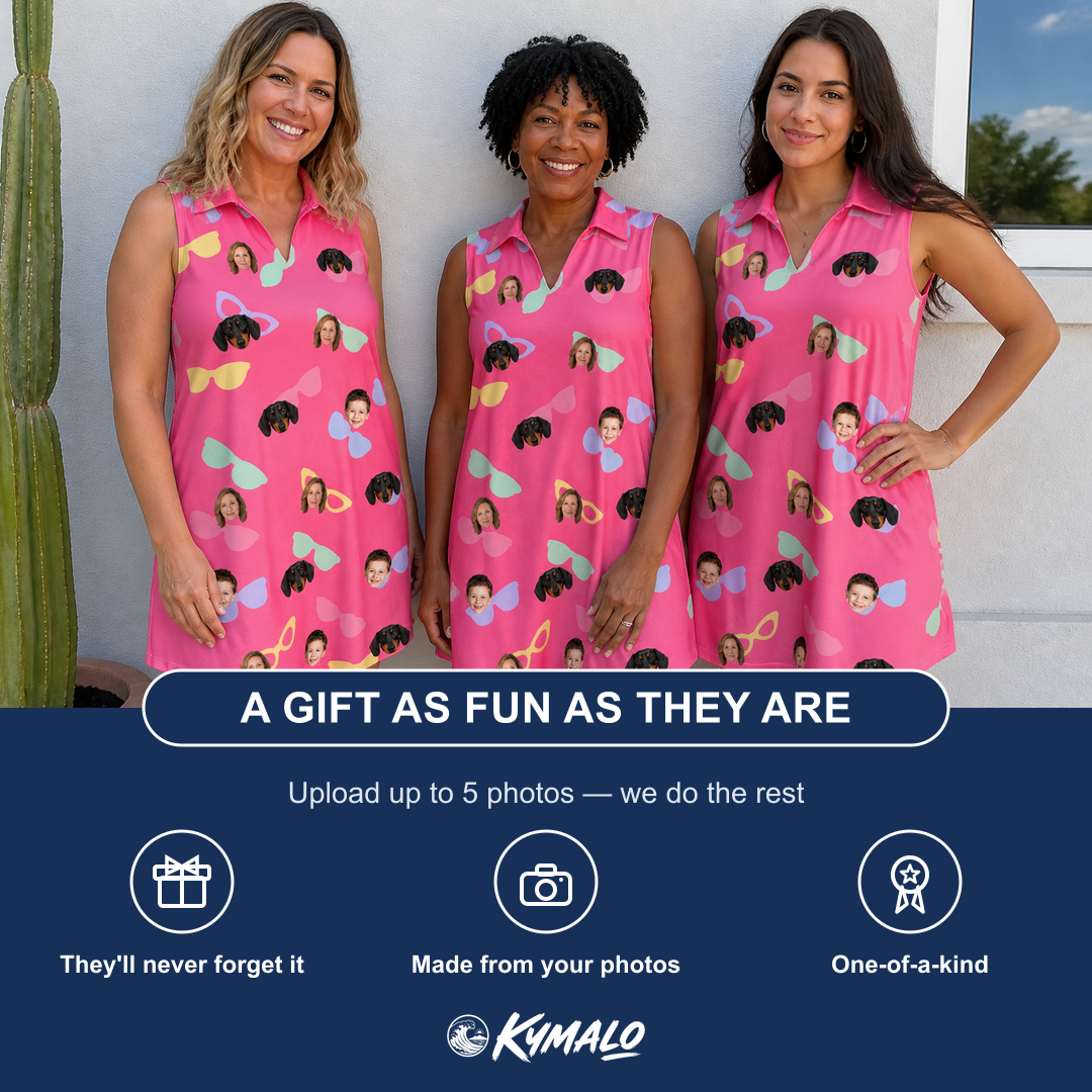 Friends in matching Women's Sunbound Siblings Custom Face V-Neck Dress — a group gift photo