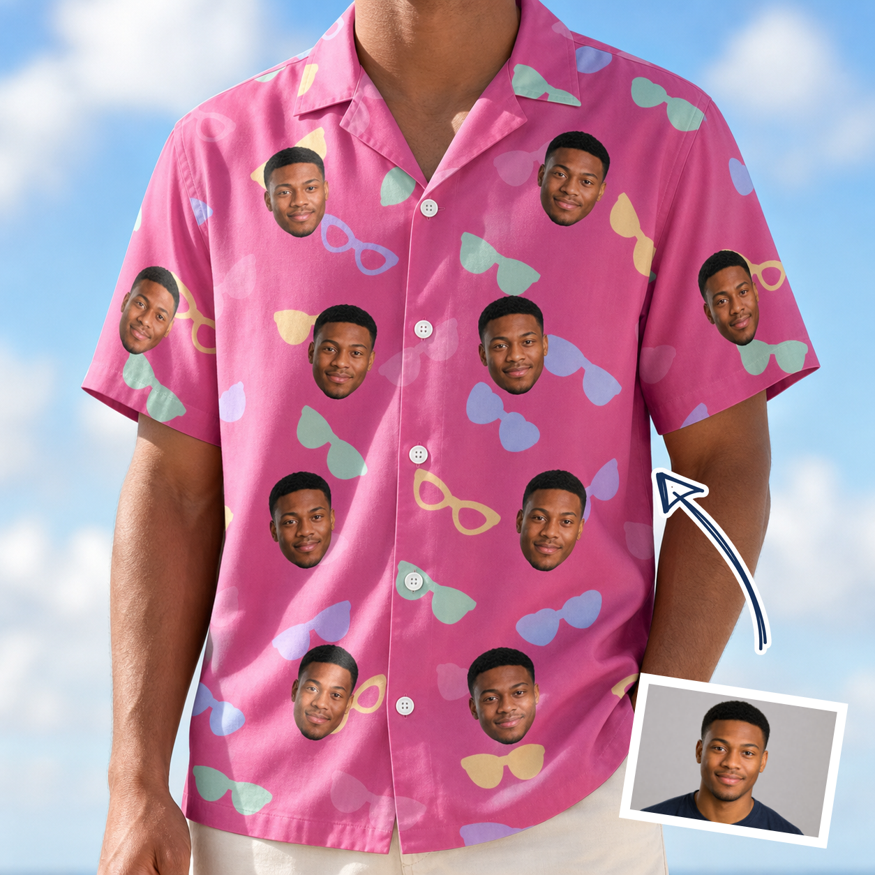 Man wearing Men's Sunbound Siblings Custom Face Hawaiian Shirt — custom faces printed all-over